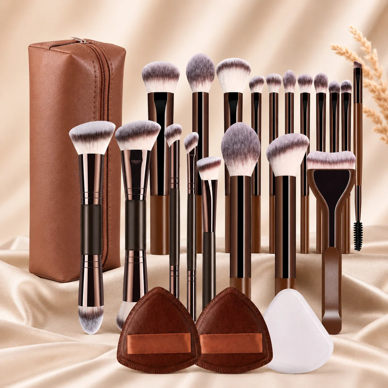 Professional Dual-Ended Makeup Brush Set Includes Foundation Brush, Contour Brush, Blush Brush, Powder Brush, Eyeshadow Brush, C